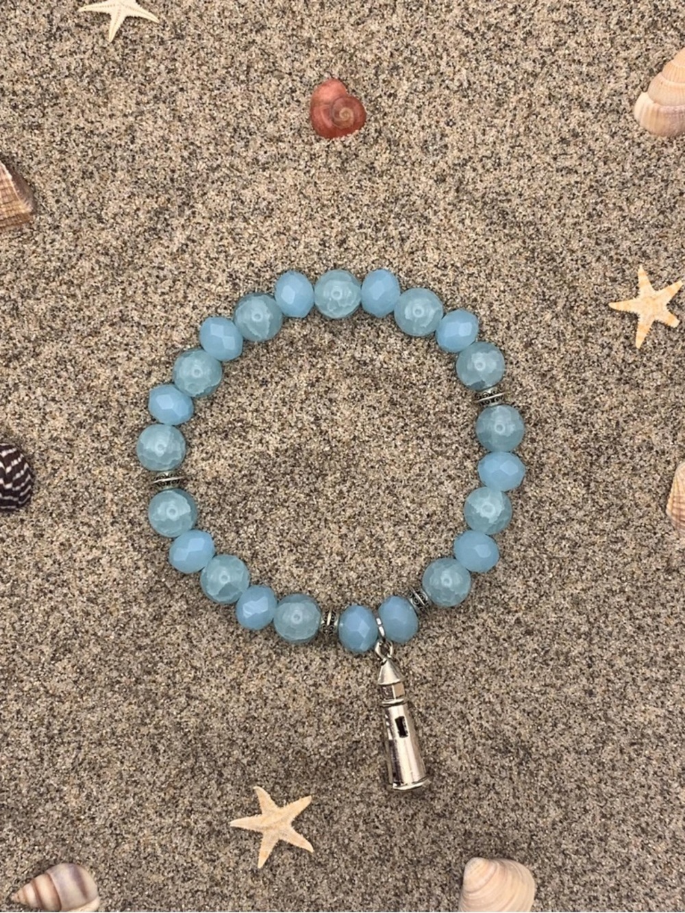 Sea Glass Blue Beaded Bracelet with Silver Lighthouse Charm
